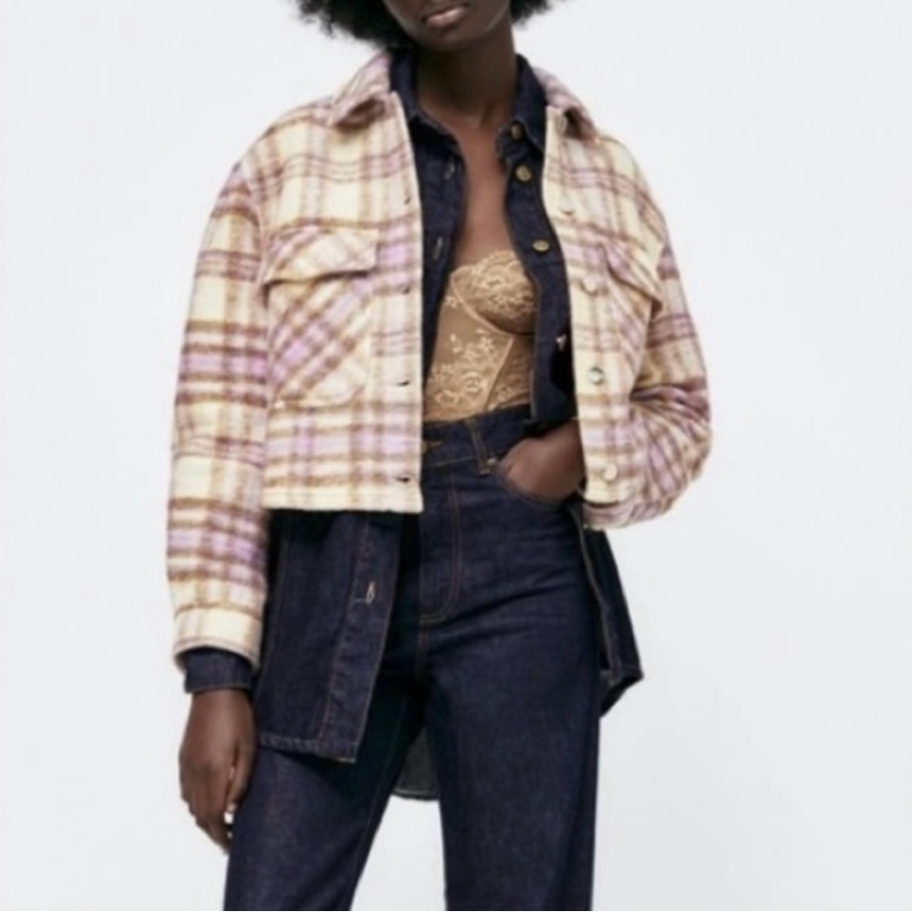 Zara Plaid Utility Jacket / Shacket in Cream and Purple
